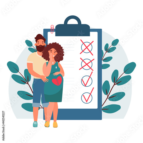 pregnancy loss, abortion, Miscarriage concept. Woman is crying in hospital or clinic. She lost her child. Flat Vector illustration.

