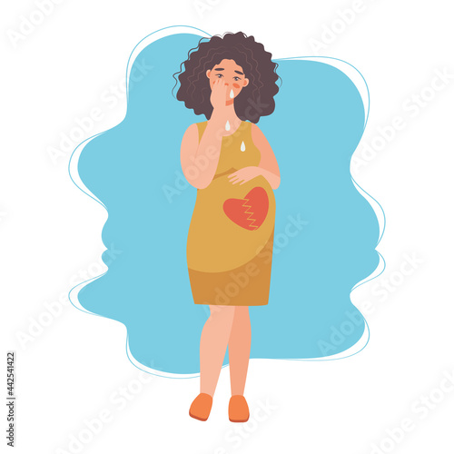 pregnancy loss, abortion, Miscarriage concept. Woman is crying in hospital or clinic. She lost her child. Flat Vector illustration.

