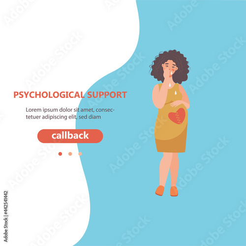 pregnancy loss, abortion, Miscarriage concept. Woman is crying in hospital or clinic. She lost her child. Flat Vector illustration.

