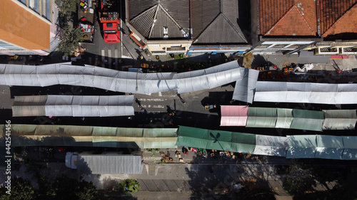 Aerial view of a public street market in downtown Sao Paulo, Brazil.
