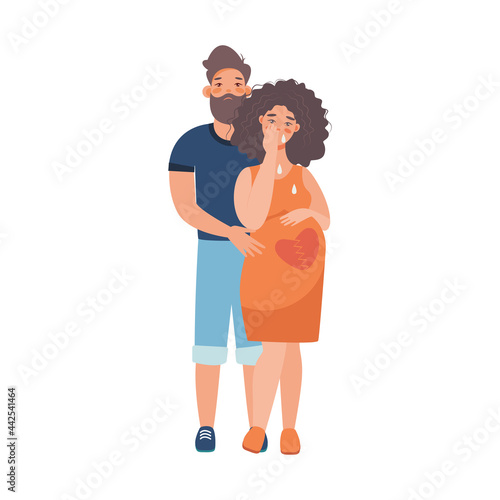 pregnancy loss, abortion, Miscarriage concept. Woman is crying in hospital or clinic. She lost her child. Flat Vector illustration.

