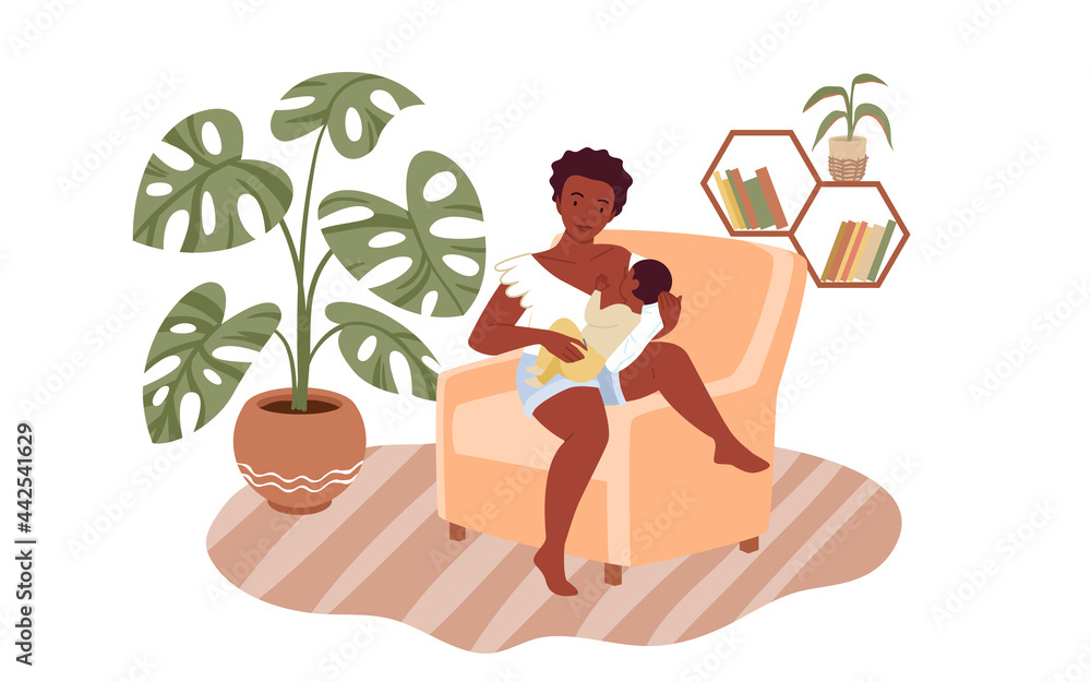 Healthy breastfeeding, infant childcare vector illustration. Cartoon mom character with newborn child sitting in armchair together to feed baby with love, home living room interior isolated on white