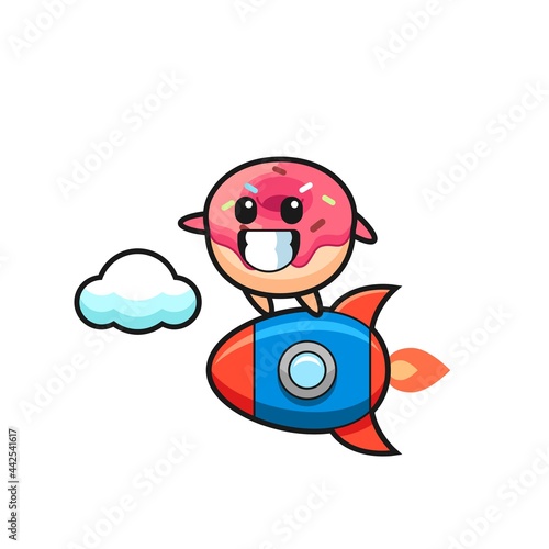 doughnut mascot character riding a rocket
