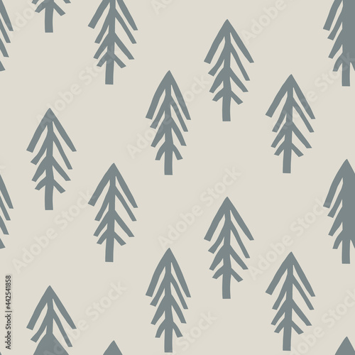 Seamless minimal winter tree holiday background. Stylized spruce duotone pattern. Scandi festive christmas motif background. Stylish simple modern yule digital gift wrap paper.