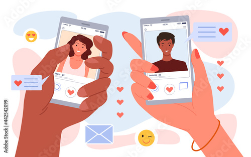 Online romantic dating conversation, virtual meeting vector illustration. Cartoon male female hands holding phones with dating chat app on screen and portraits of young man and woman isolated on white