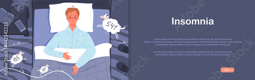 Insomnia night medical problem of young man, lying in bed of home bedroom vector illustration. Cartoon sad sick guy character with psychology sleeping disorder, depression trying to sleep background
