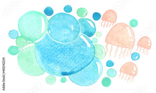 Jellyfish with bubble water banner watercolor for decoration on sea life concept.