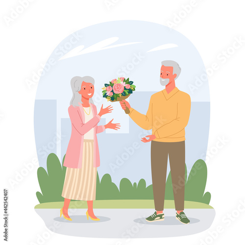 Senior people on date in Valentines Day vector illustration. Cartoon elderly man character giving flowers bouquet to happy woman, grandfather greeting grandmother with love present isolated on white