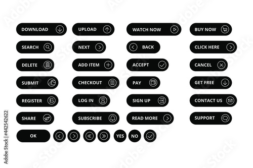 Set of vector rounded black filled buttons with outline icons for website, online store and web application