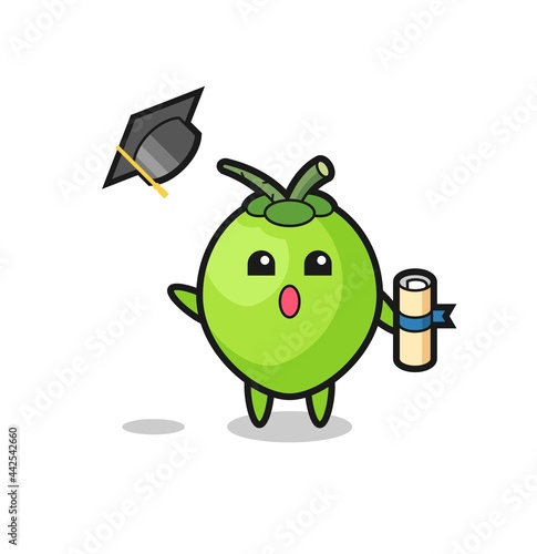 Illustration of coconut cartoon throwing the hat at graduation