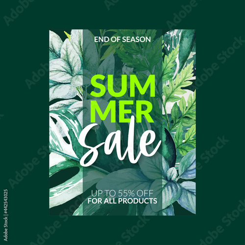 Summer sale banner with green leaves on dark background