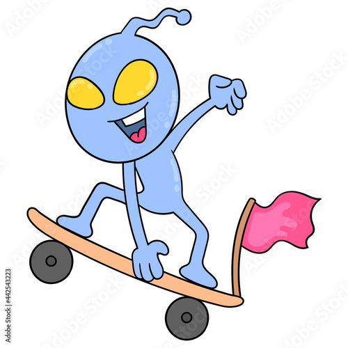 alien boy is skateboarding happily, doodle icon image kawaii