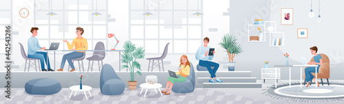 Business people in open space office, coworking area concept vector illustration. Cartoon businessman and businesswoman group of characters sitting at tables and working in cafe workplace background