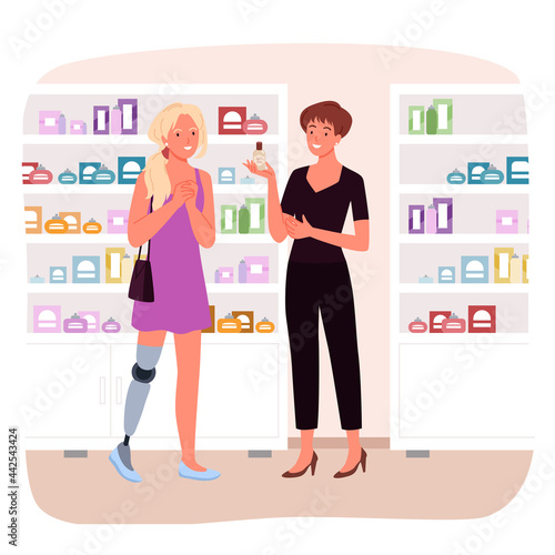 Disabled girl with leg prosthesis shopping vector illustration. Cartoon young fashionable happy handicapped woman character buying cosmetics in fashion shop, handicap lifestyle isolated on white
