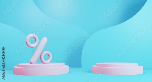 Abstract Podium stand on blue plan. Pedestal with a percentage. For promotions, sales of cosmetics, goods, shoes, bags. 3D rendering