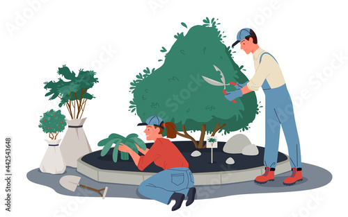 People gardeners work in garden or park, cut prune plants vector illustration. Cartoon worker characters pruning or trimming green tree and shrub with shears scissors for gardening isolated on white