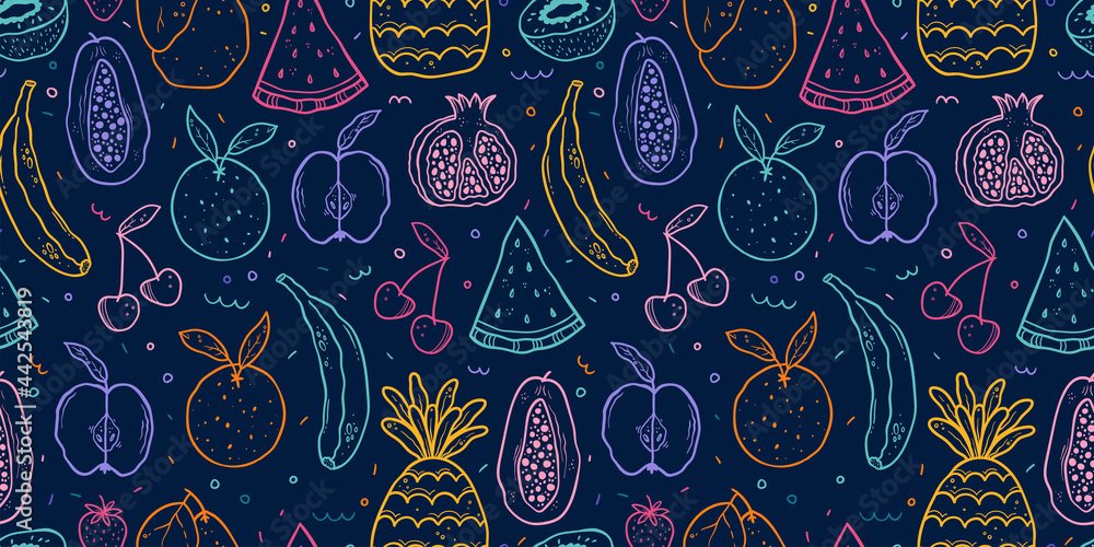 Cute doodle fruits seamless pattern, hand drawn background with pineapple, melon, kiwi and more - great for textiles, wrapping, surfaces, wallpapers - vector design