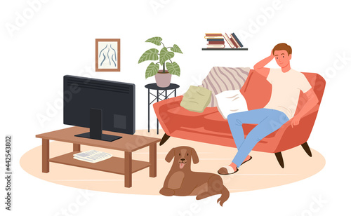 Young man watching tv at home vector illustration. Cartoon happy male character sitting on comfortable sofa couch of living room interior to watch television news, movie film or show isolated on white