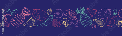 Cute doodle fruits seamless pattern, hand drawn background with pineapple, melon, kiwi and more - great for textiles, wrapping, surfaces, wallpapers - vector design © TALVA
