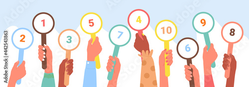 Scorecard customer review rating, client feedback service concept vector illustration. Cartoon diverse client hands rate and vote in row, holding up round grade card with ranking numbers background