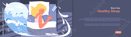 Happy healthy sleeping girl, calm music in phone player, relaxation vector illustration. Cartoon beautiful young woman character lying in bed in bedroom interior, listening to relax music background