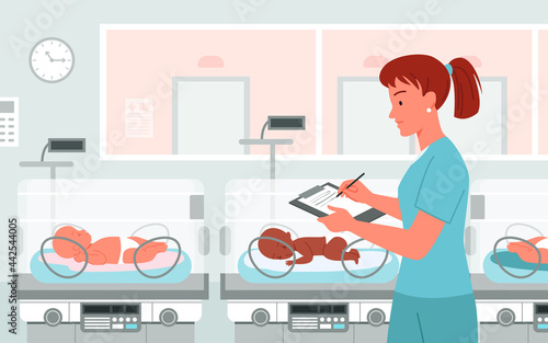 Hospital preterm baby incubator, neonatal medical child healthcare, prematurity concept vector illustration. Cartoon pediatrician doctor neonatologist works to care infant baby after premature birth