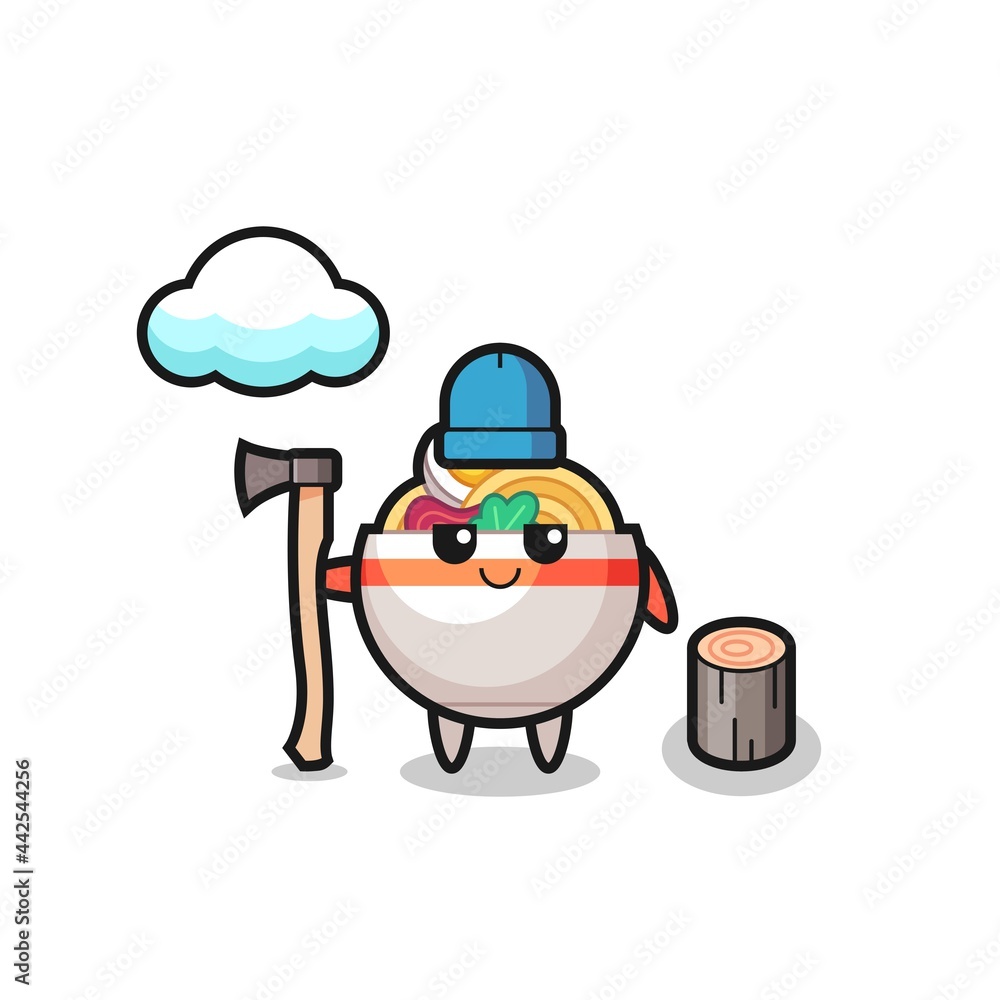 Character cartoon of noodle bowl as a woodcutter Character cartoon of noodle bowl as a woodcutter