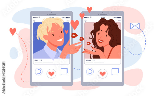 Online romantic dating app users chatting in social media, using phones vector illustration. Cartoon man woman lovers communication with speech chat bubbles on smartphones and hearts isolated on white