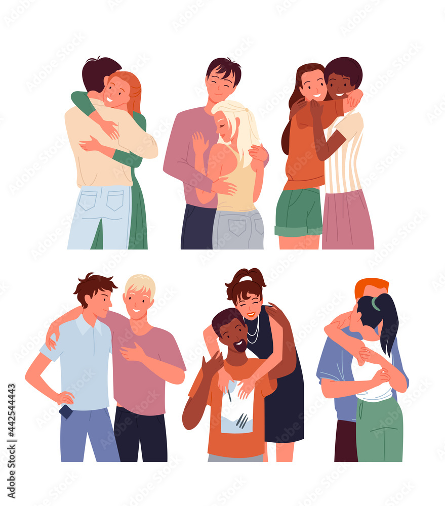 Cartoon diverse woman man character standing together, young couple of girlfriend and boyfriend hugging, love and friendship isolated on white. Happy people friends hug cuddle Cartoon diverse woman man character standing together, young couple of girlfriend and boyfriend hugging, love and friendship isolated on white. Happy people friends hug cuddle