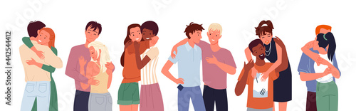 Happy people friends hug cuddle vector illustration set. Cartoon diverse woman man character standing together, young couple of girlfriend and boyfriend hugging, love and friendship isolated on white photo