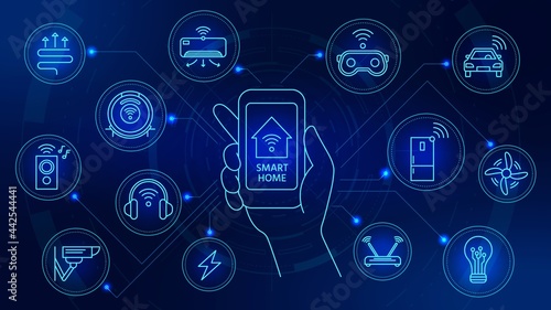 Smart home technology. Connected devices with smartphone app control. Internet of things automation system with digital icons vector concept