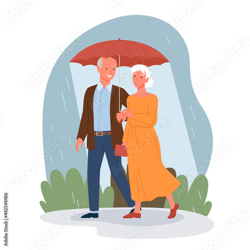Senior people on date walking together vector illustration. Cartoon happy elderly man woman characters with umbrella walk in rain, romantic dating and smiling, lifestyle scene isolated on white