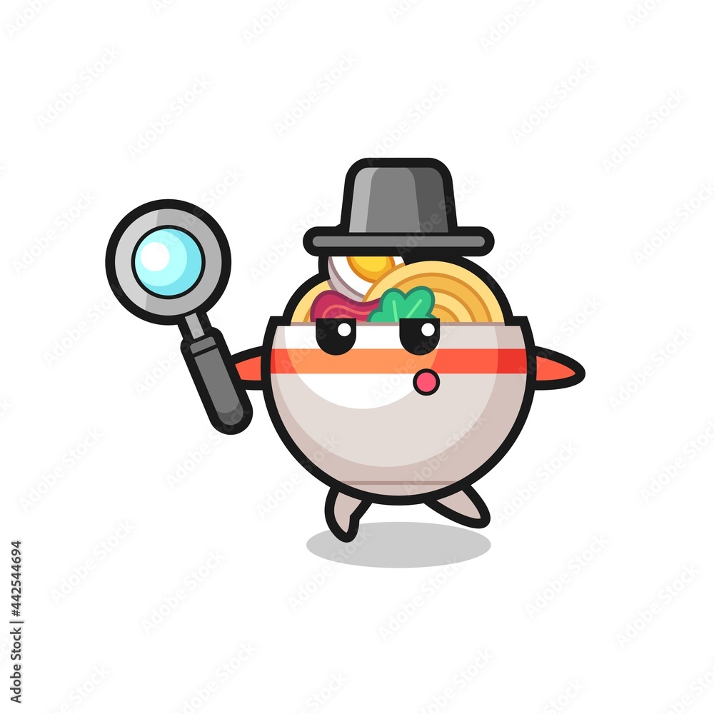 noodle bowl cartoon character searching with a magnifying glass