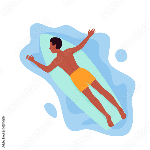 Surfing man floating on surfboard in ocean or sea waters vector illustration. Cartoon young surfer guy character swimming, lying on surf board, tropical beach summer travel lifestyle isolated on white