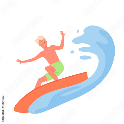 Surfing man, summer extreme sport activity vector illustration. Cartoon young happy surfer man character riding on surfboard on tropical sea or ocean wave, seaside beach watersport isolated on white