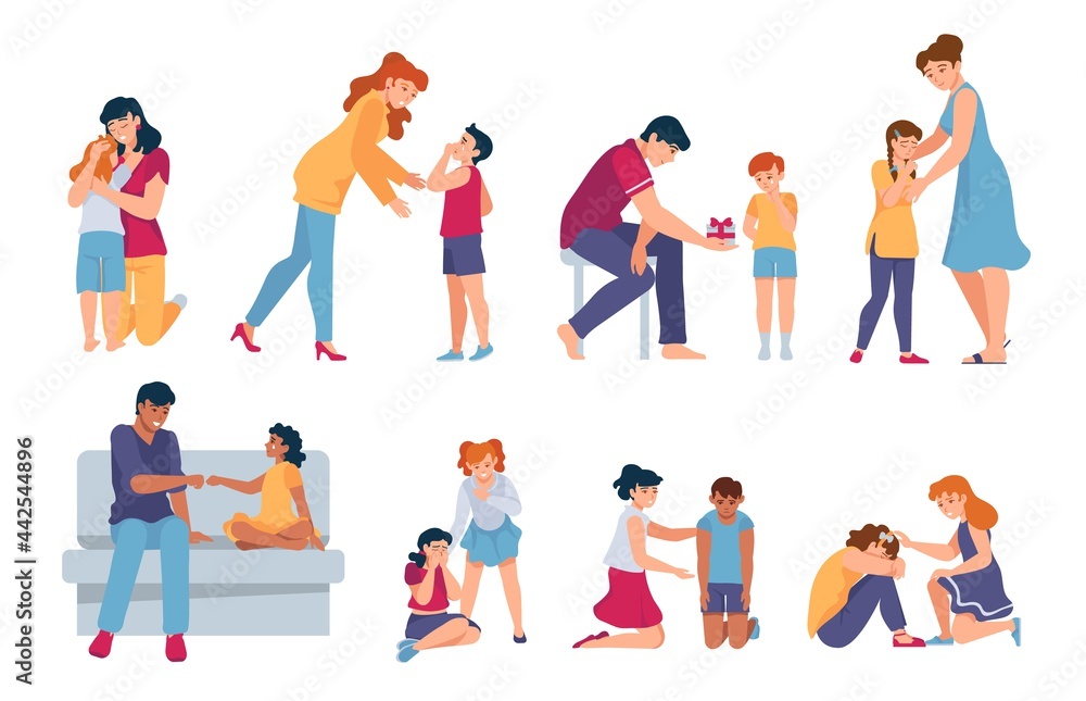 Family support. Parents and friends comforting and hugging crying kids. Adults console sad children. Sympathy for people in grief vector set