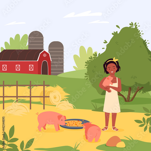 Happy child with domestic pig animal vector illustration. Cartoon girl kid character hugging cute piggy, feeding pets in summer village countryside landscape with farm barn and garden background photo