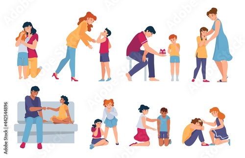 Family support. Parents and friends comforting and hugging crying kids. Adults console sad children. Sympathy for people in grief vector set