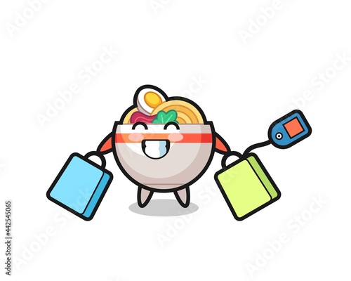 noodle bowl mascot cartoon holding a shopping bag
