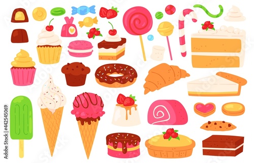 Cartoon candy and sweets. Cupcakes, ice cream, lollipops, chocolate and jelly candies, biscuit pastries and cakes. Confectionery vector set