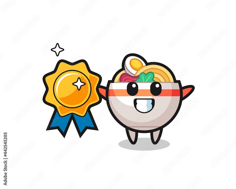 noodle bowl mascot illustration holding a golden badge noodle bowl mascot illustration holding a golden badge