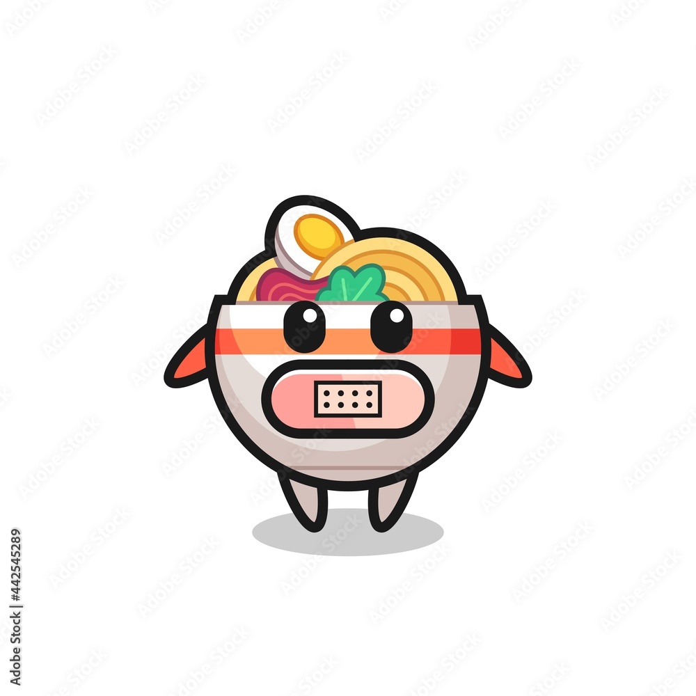 Cartoon Illustration of noodle bowl with tape on mouth