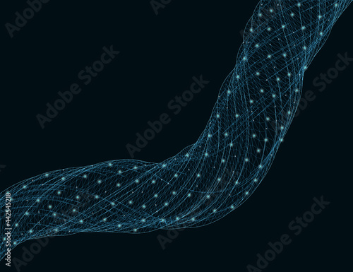 Abstract background with swirl wireframe of blue lines with glowing lights. Vector illustration