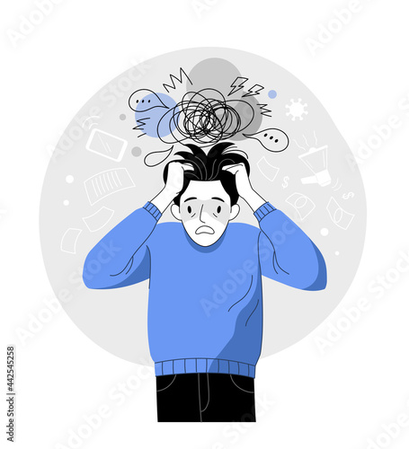 Man in a panic. Vector illustration of cartoon young adult stressed man in a blue jumper with hands on his head with doodle abstract elements on background