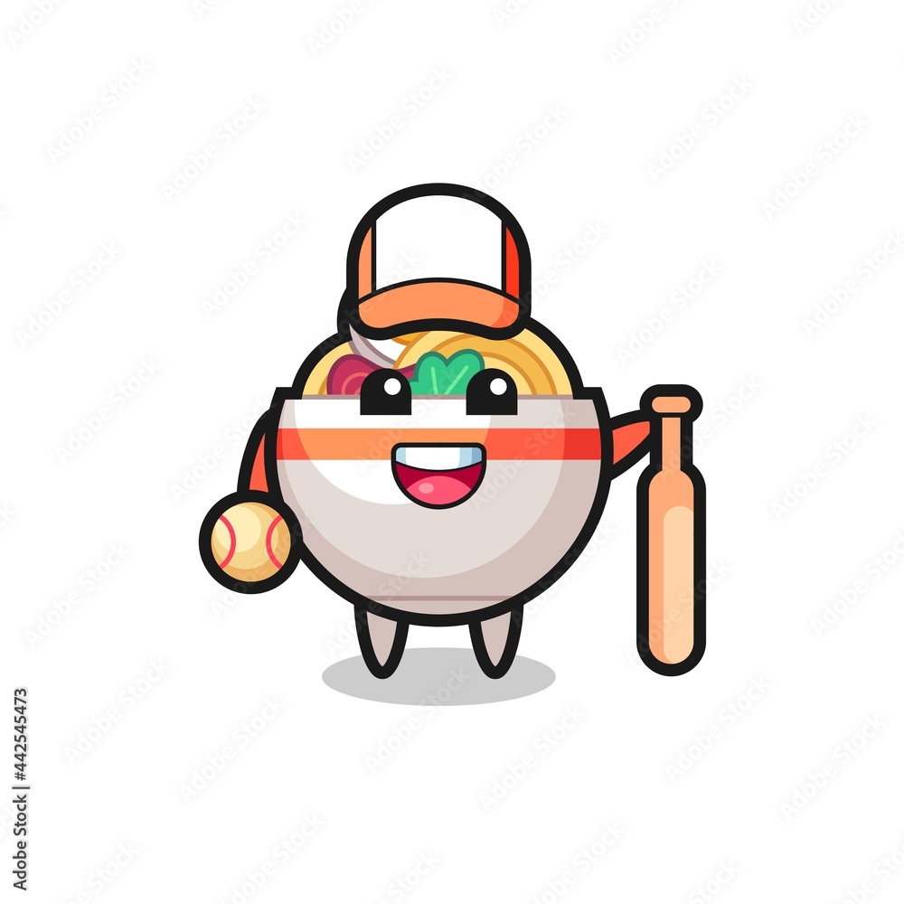 Cartoon character of noodle bowl as a baseball player