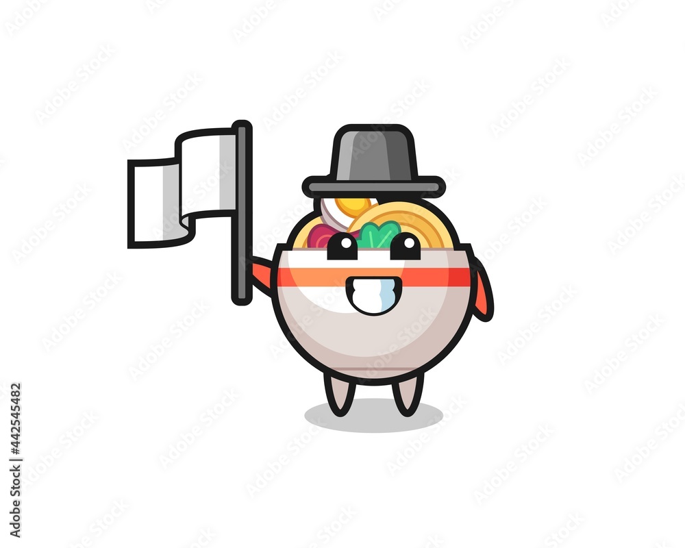 Cartoon character of noodle bowl holding a flag Cartoon character of noodle bowl holding a flag