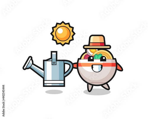 Cartoon character of noodle bowl holding watering can