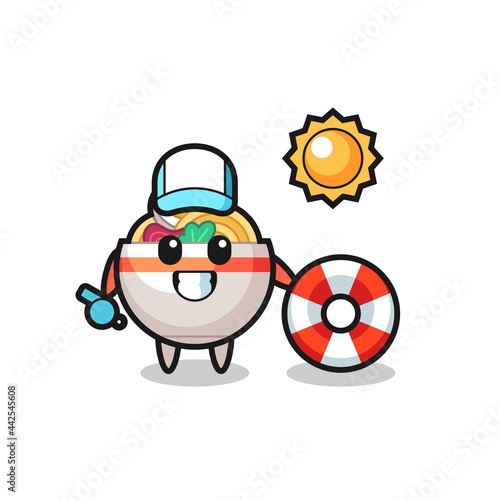Cartoon mascot of noodle bowl as a beach guard