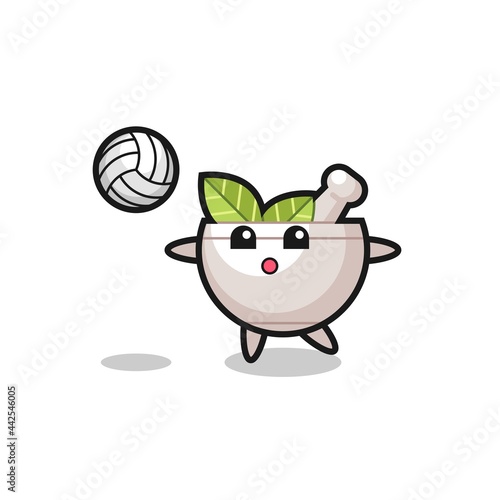 Character cartoon of herbal bowl is playing volleyball