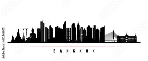 Bangkok skyline horizontal banner. Black and white silhouette of Bangkok, Thailand. Vector template for your design. photo